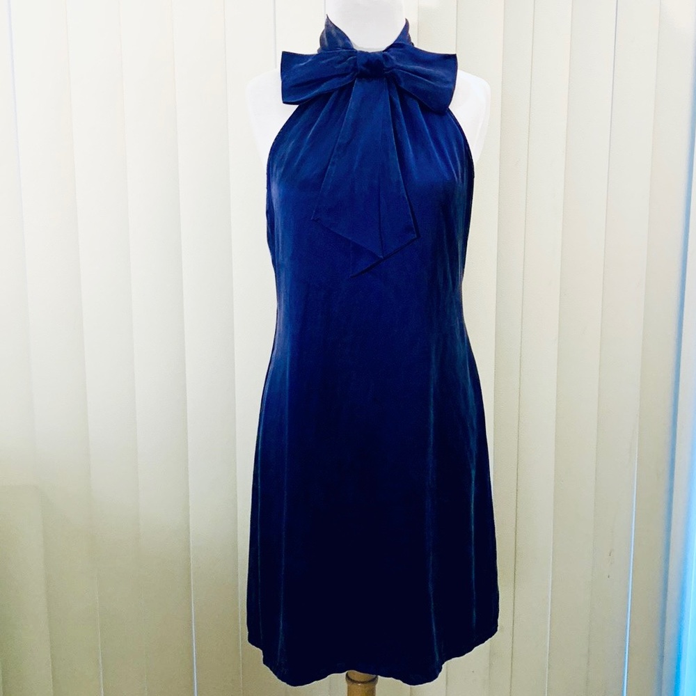 Vintage Ann Taylor LOFT 100% Silk Indigo Blue Halter Bow Dress - Size 4.